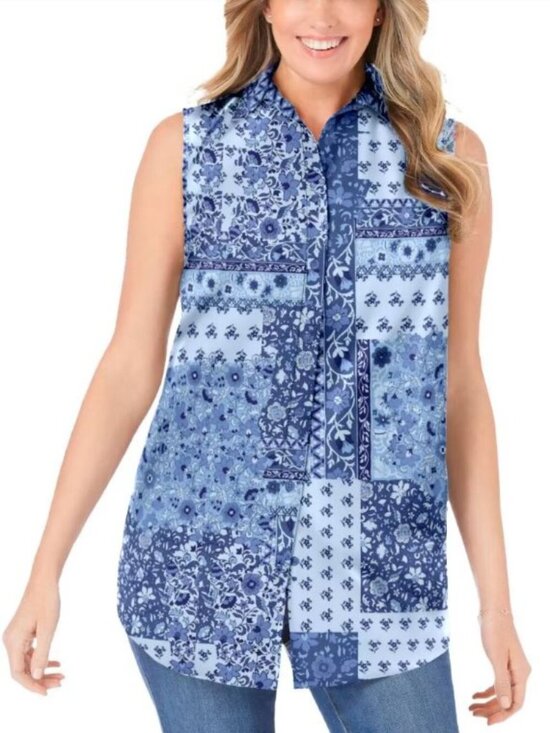 Woman Within Tops - Woman Within Perfect Sleeveless Shirt French Blue Patched Paisley Plus 14/16 NWO